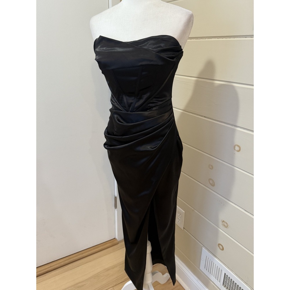 Corset Drape Midi Dress Black Satin Strapless Wrap Slit Gown Small Whimsigoth